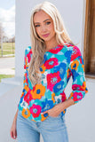 Floral V-Neck Three-Quarter Sleeve Top - Trendsi - Flyclothing LLC