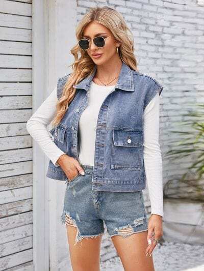 Cap Sleeve Denim Jacket with Pockets - Trendsi - Flyclothing LLC