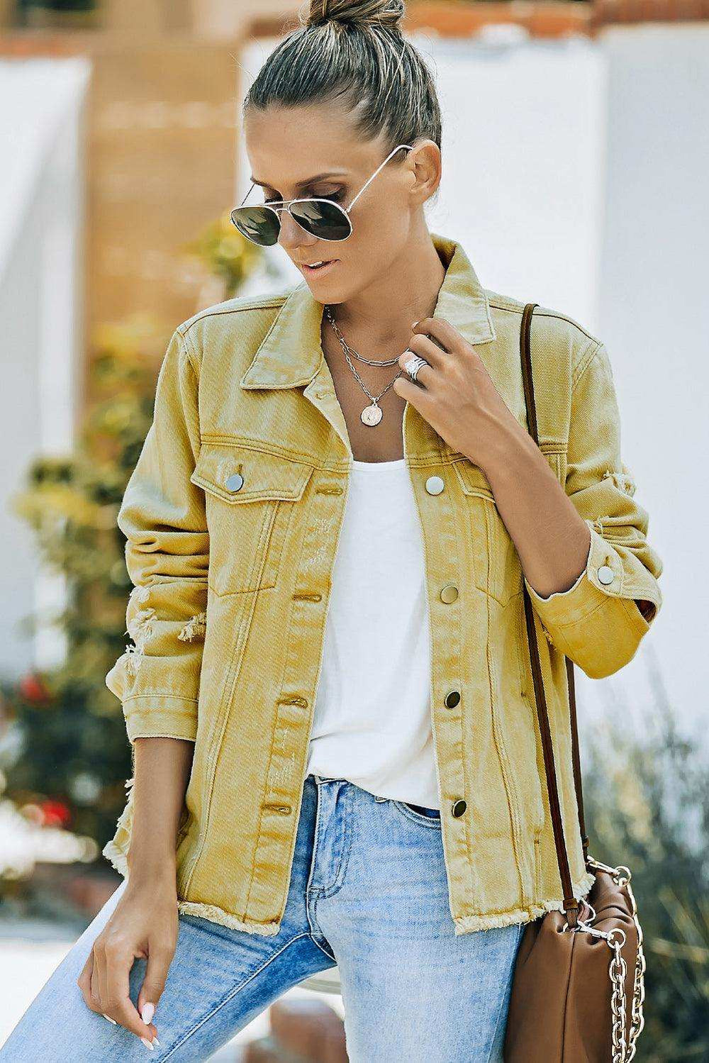 Distressed Raw Hem Denim Jacket - Trendsi - Flyclothing LLC