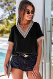 Contrast V-Neck Blouse - Trendsi - Flyclothing LLC