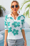 Floral Johnny Collar Half Sleeve Knit Top - Trendsi - Flyclothing LLC