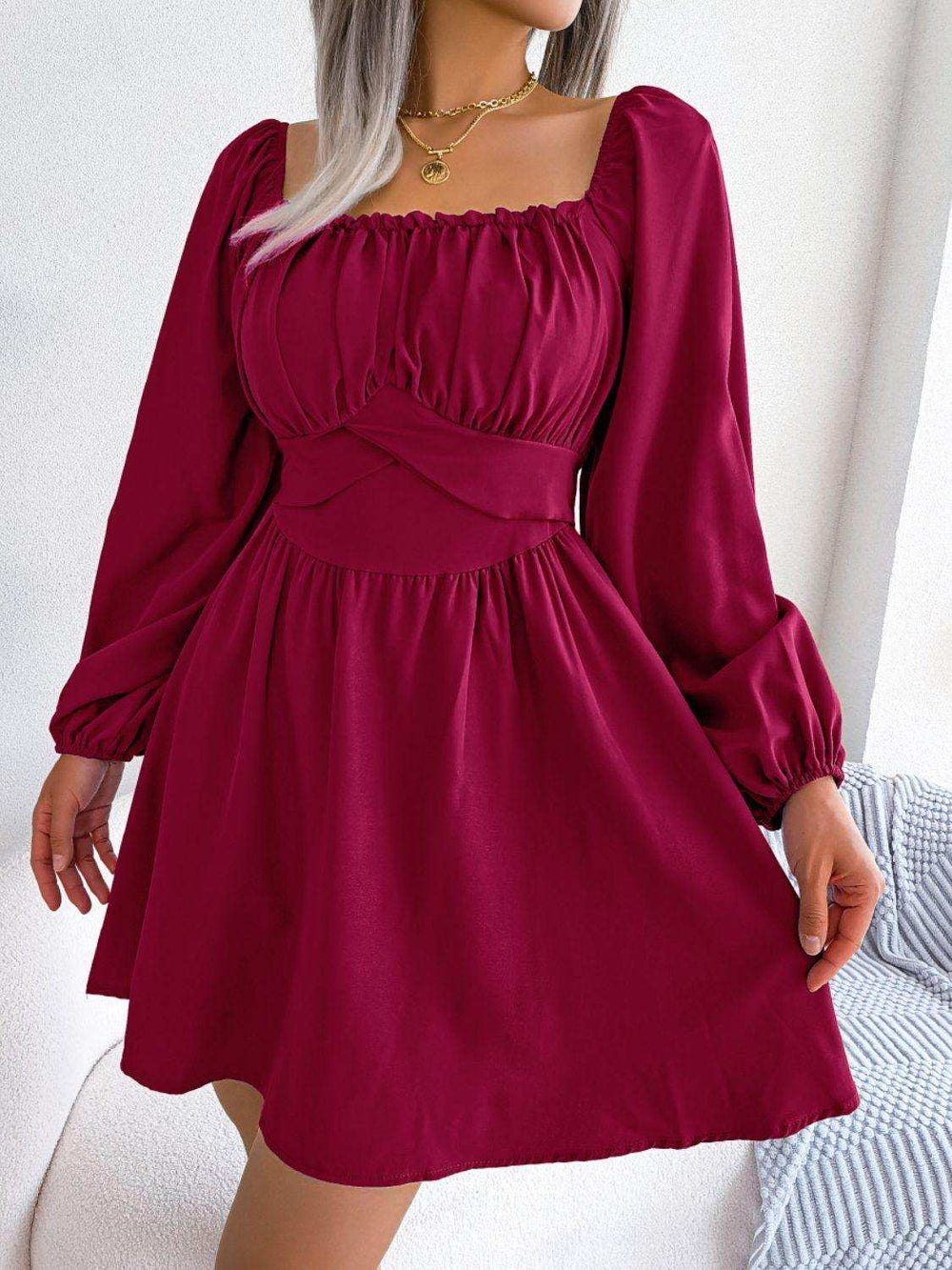 Tied Square Neck Balloon Sleeve Dress - Trendsi - Flyclothing LLC