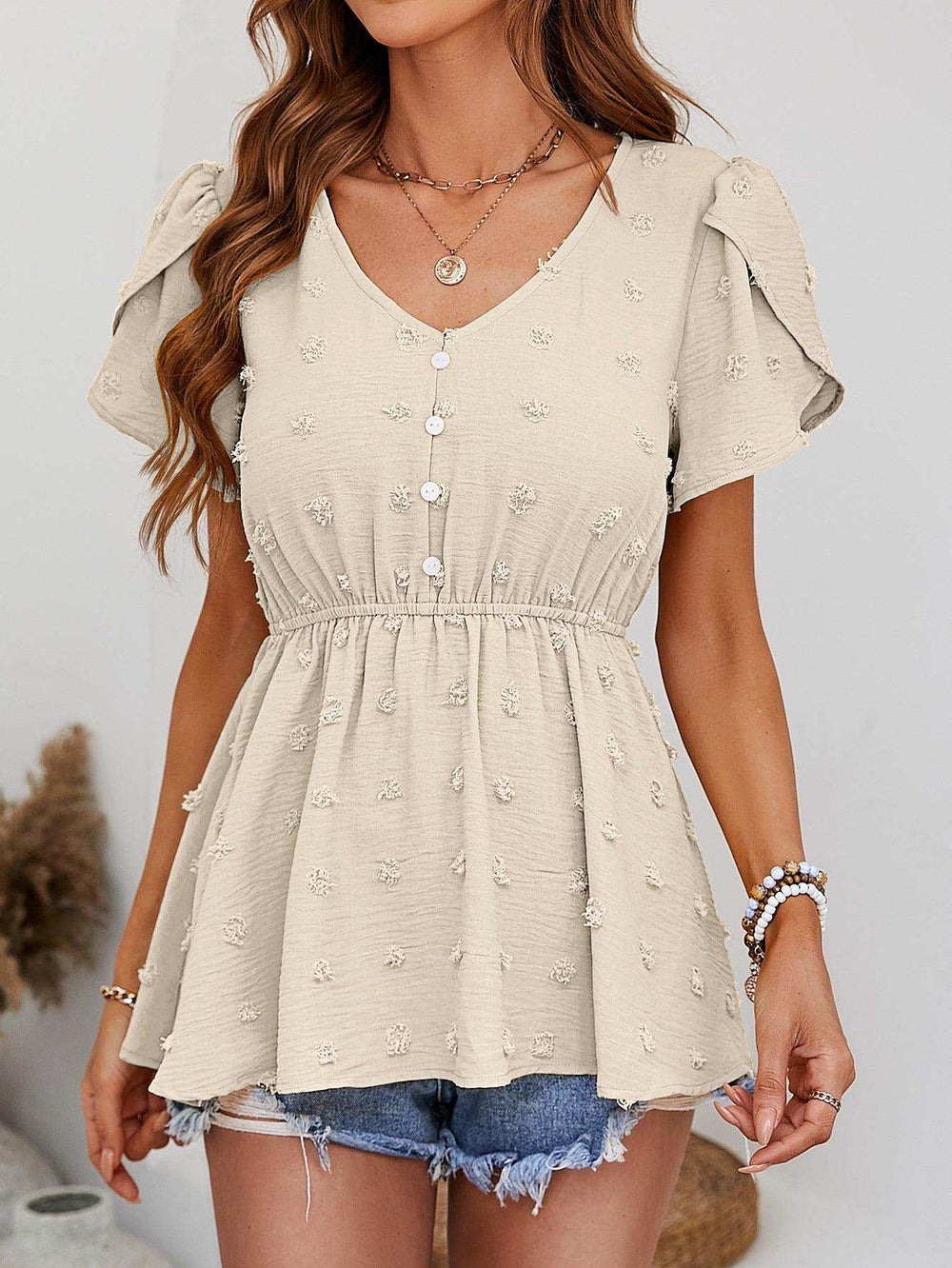 Swiss Dot Buttoned Petal Sleeve Peplum Blouse - Trendsi - Flyclothing LLC