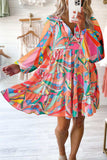 Printed Long Sleeve Tie Neck Mini Dress - Trendsi - Flyclothing LLC