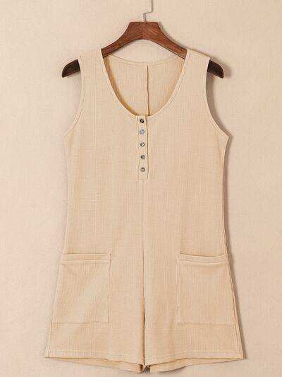 Waffle-Knit Half Button Sleeveless Romper with Pockets - Trendsi - Flyclothing LLC