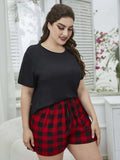 Plus Size Round Neck Tee Shirt and Plaid Shorts Lounge Set - Trendsi - Flyclothing LLC