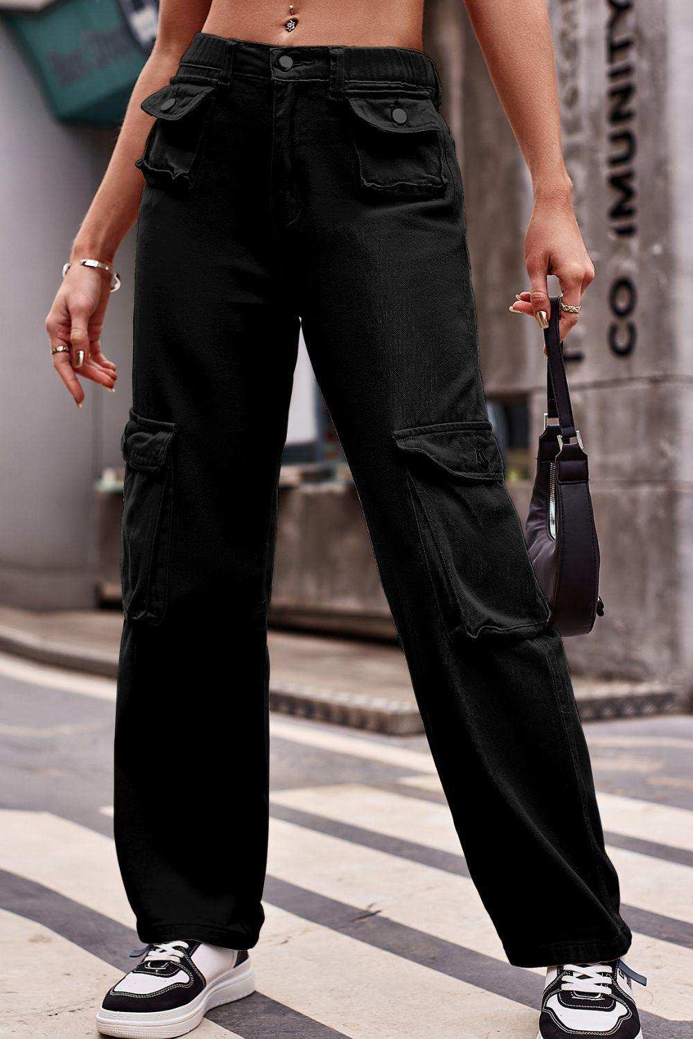 Buttoned Knee Pockets Loose Fit Jeans - Trendsi - Flyclothing LLC