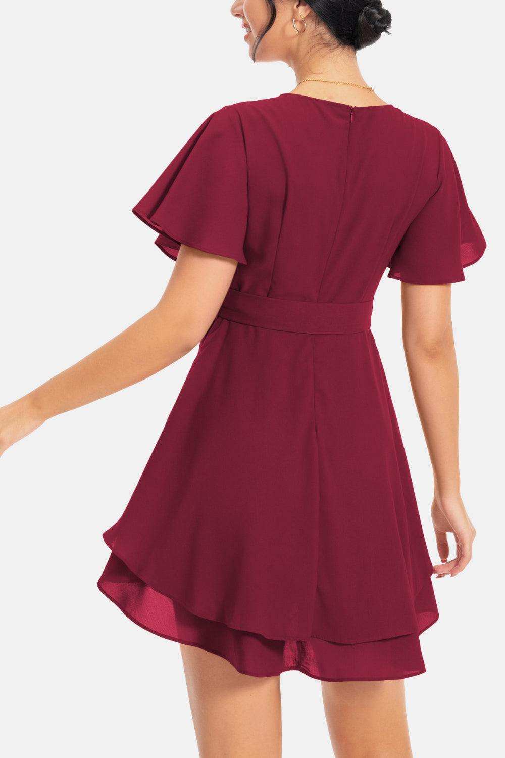 Surplice Neck Flutter Sleeve Dress - Trendsi - Flyclothing LLC