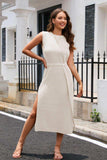 Round Neck Tie Belt Slit Sleeveless Sweater Dress - Trendsi - Flyclothing LLC