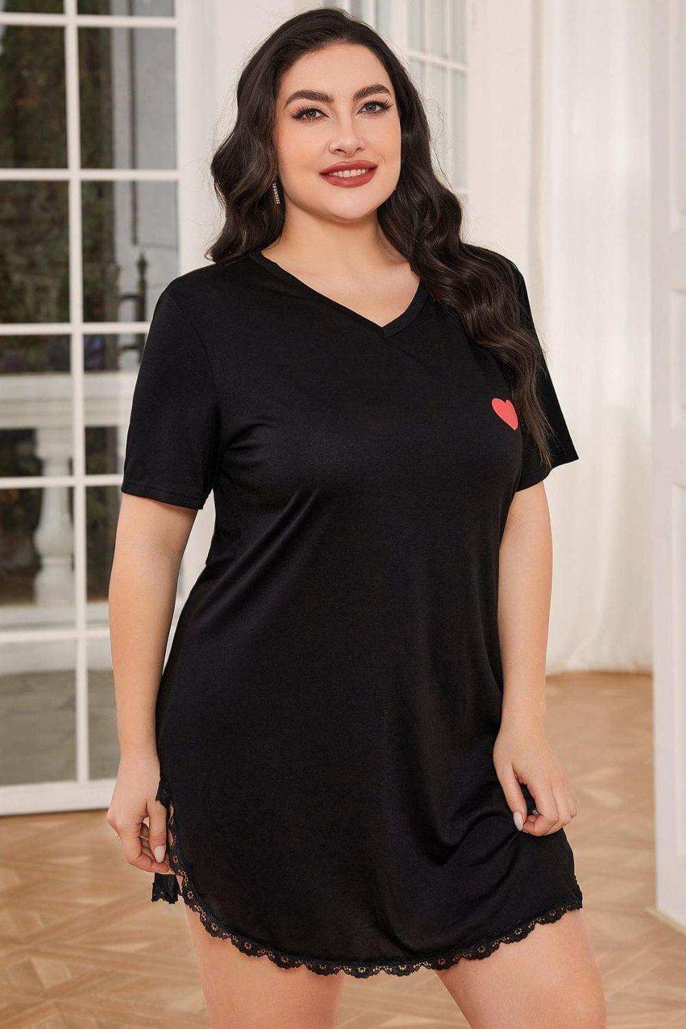 Plus Size Lace Trim V-Neck Short Sleeve Night Dress - Trendsi - Flyclothing LLC