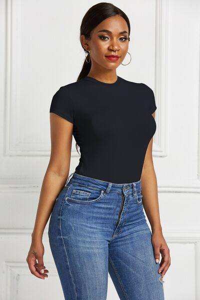 Round Neck Short Sleeve Bodysuit - Trendsi - Flyclothing LLC