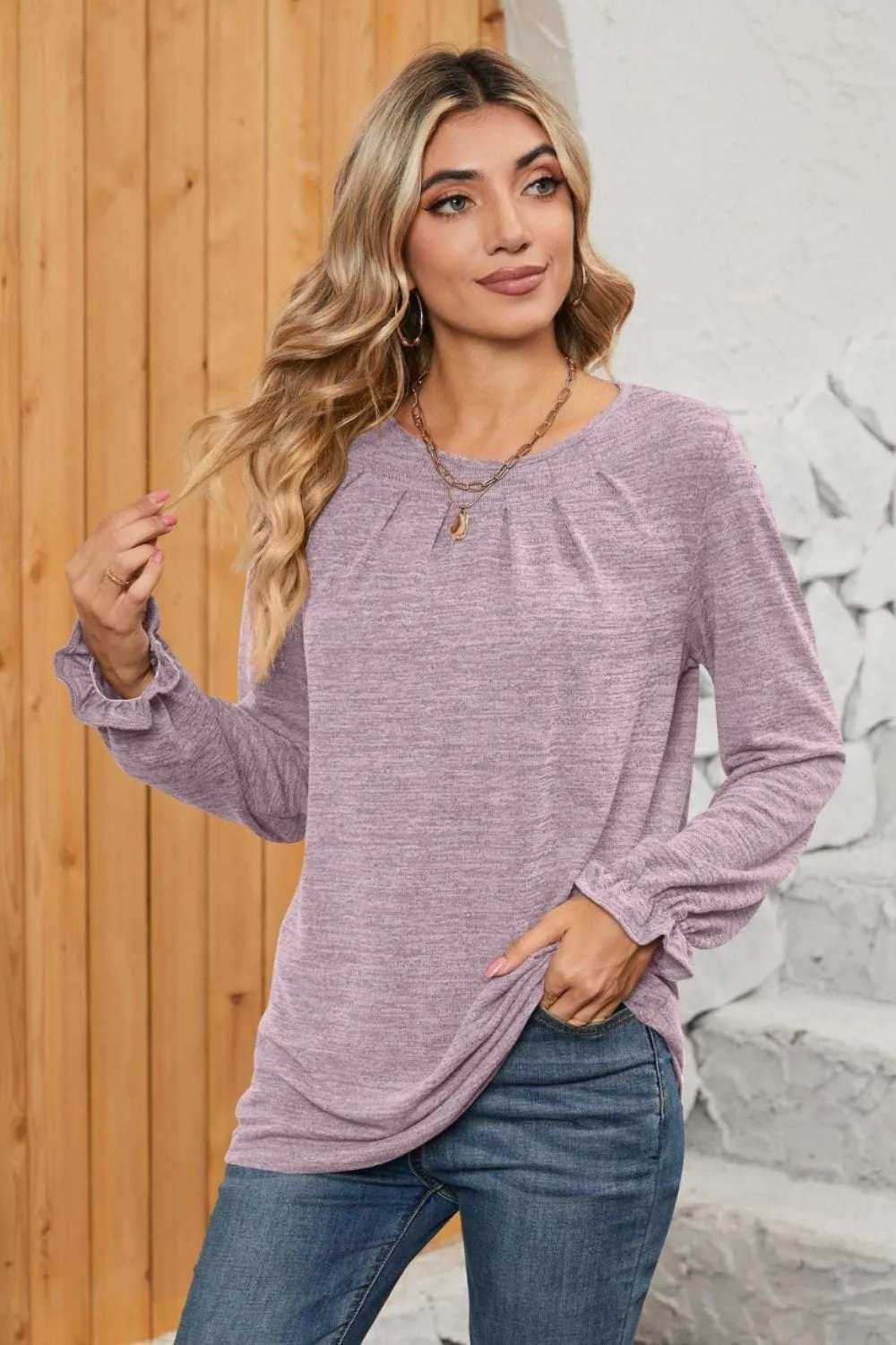 Ruched Round Neck Flounce Sleeve T-Shirt - Trendsi - Flyclothing LLC