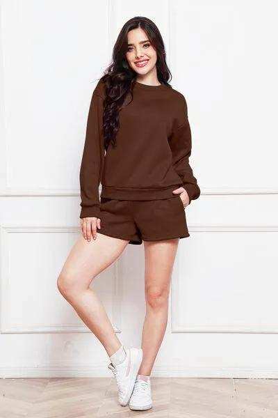 Round Neck Long Sleeve Sweatshirt and Drawstring Shorts Set - Trendsi - Flyclothing LLC