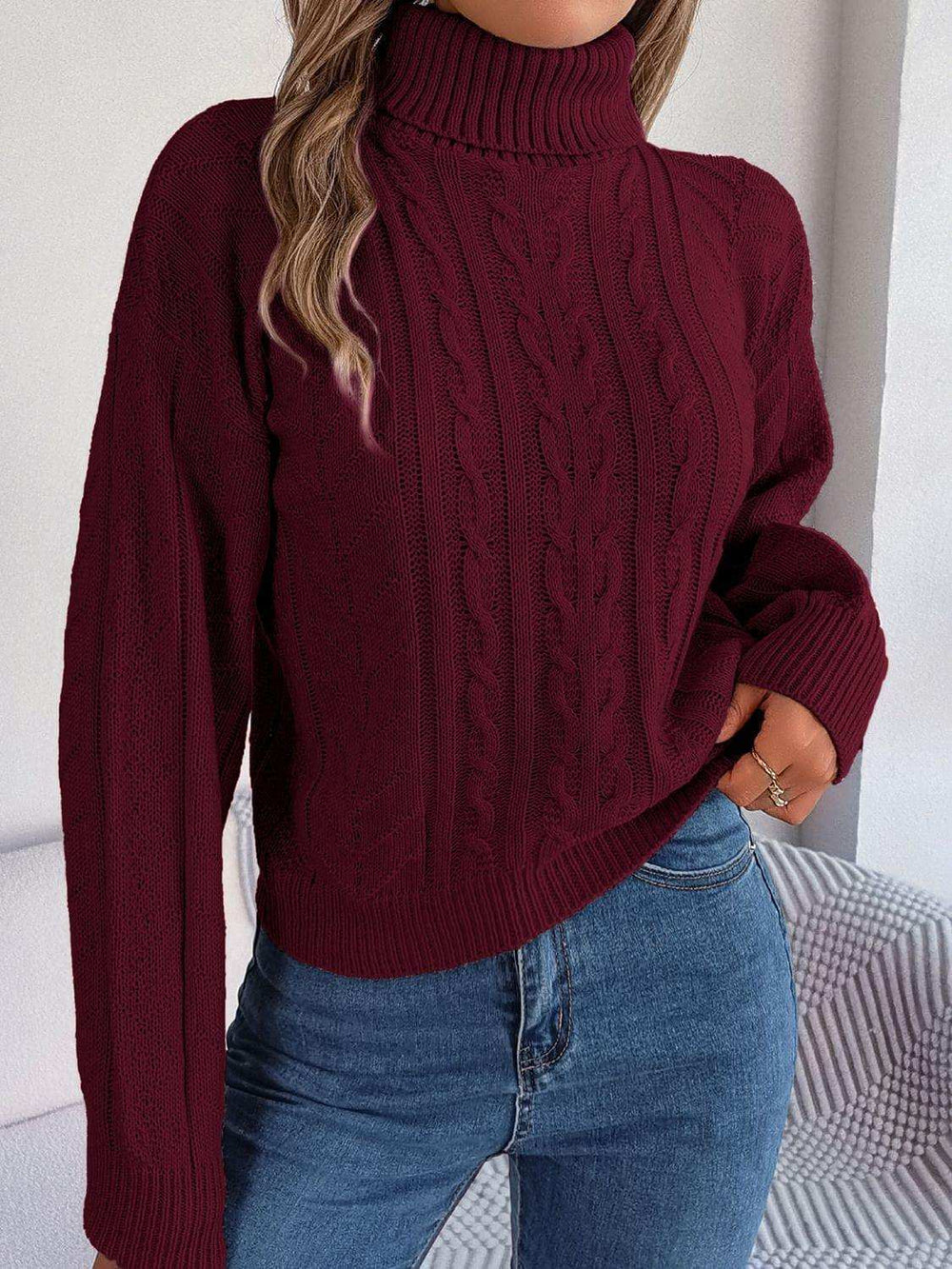 Cable-Knit Turtleneck Sweater - Trendsi - Flyclothing LLC