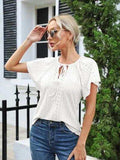 Eyelet Tie Neck Flutter Sleeve Blouse - Trendsi - Flyclothing LLC