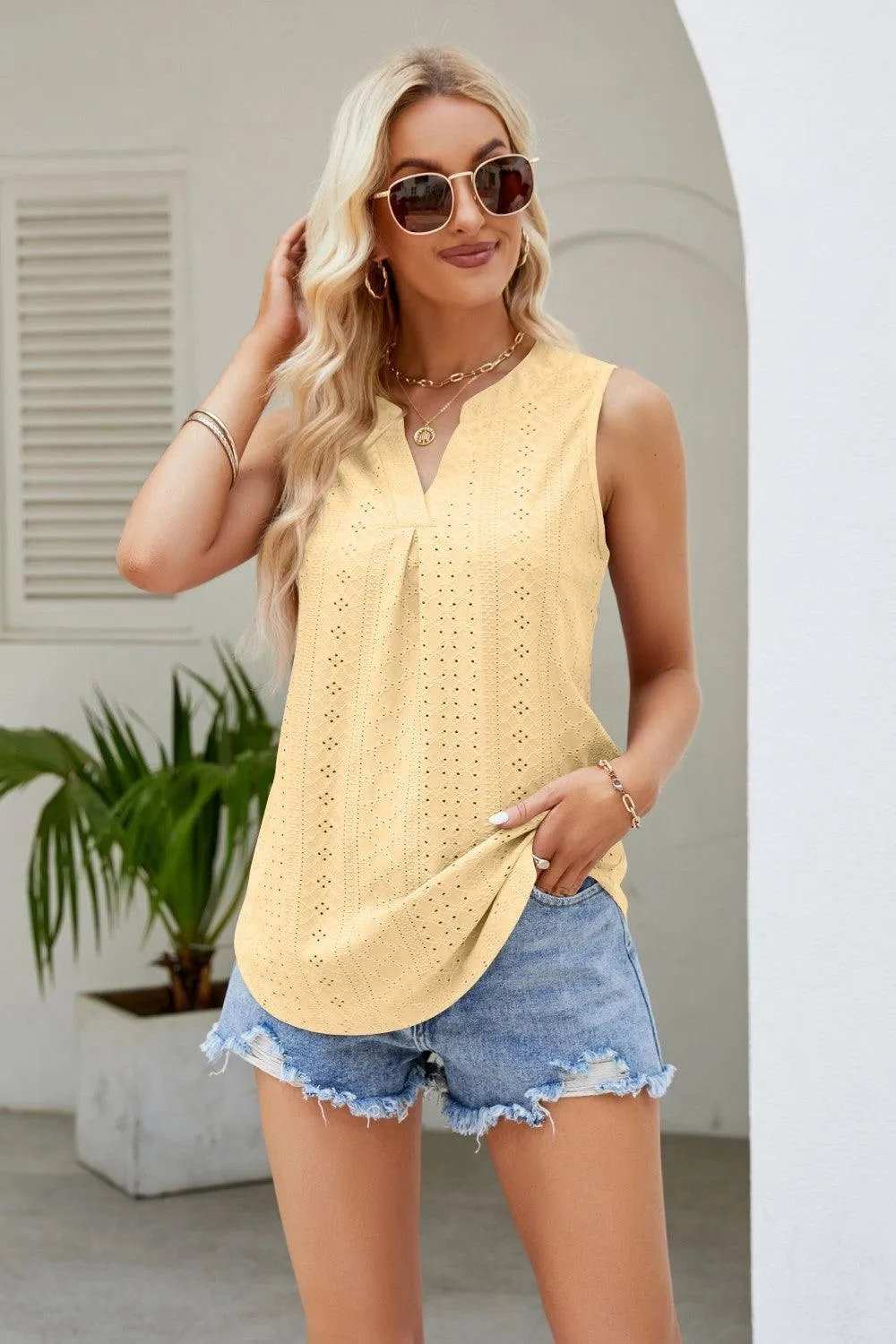 Notched Neck Curved Hem Eyelet Tank - Trendsi - Flyclothing LLC