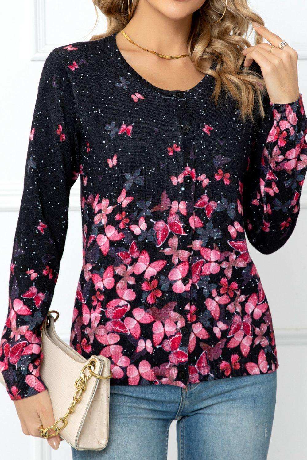 Floral Button Front Round Neck Cardigan - Trendsi - Flyclothing LLC
