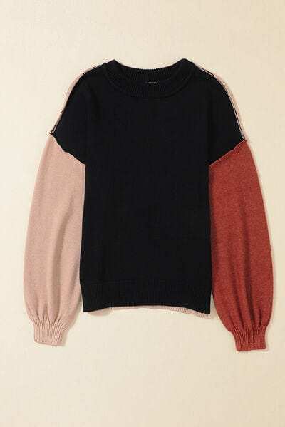 Contrast Round Neck Dropped Shoulder Sweater - Trendsi - Flyclothing LLC