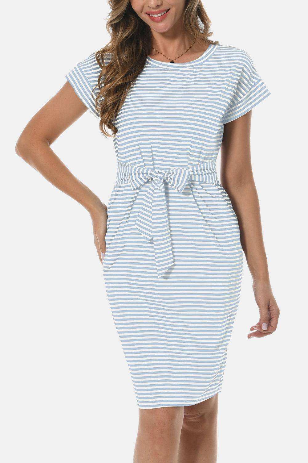 Tie Front Round Neck Short Sleeve Dress - Trendsi - Flyclothing LLC