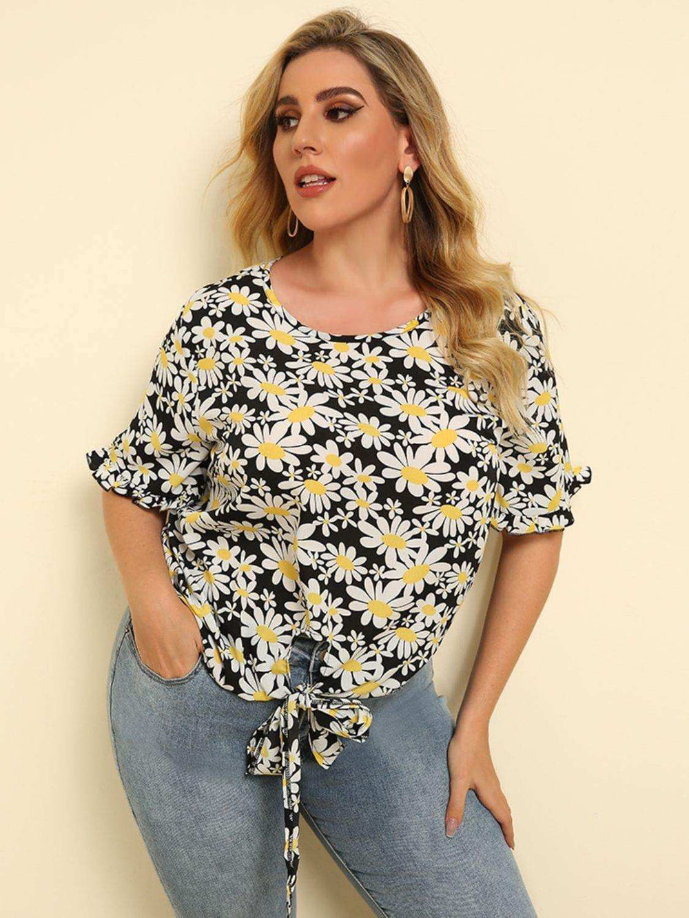 Plus Size Floral Round Neck Tie Hem Blouse - Trendsi - Flyclothing LLC