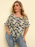 Plus Size Floral Round Neck Tie Hem Blouse - Trendsi - Flyclothing LLC