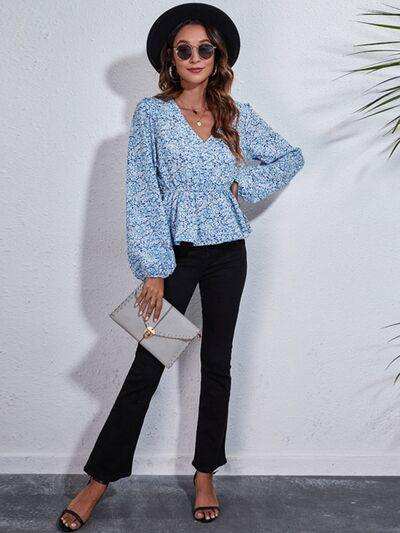 Floral V-Neck Balloon Sleeve Peplum Blouse - Trendsi - Flyclothing LLC