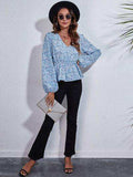 Floral V-Neck Balloon Sleeve Peplum Blouse - Trendsi - Flyclothing LLC