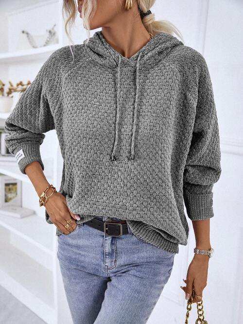 Texture Drawstring Long Sleeve Hooded Sweater - Trendsi - Flyclothing LLC