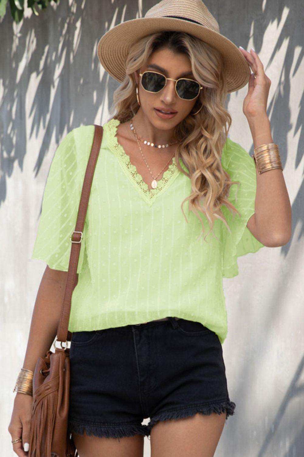 Swiss Dot Lace Trim Flutter Sleeve V-Neck Blouse - Trendsi - Flyclothing LLC