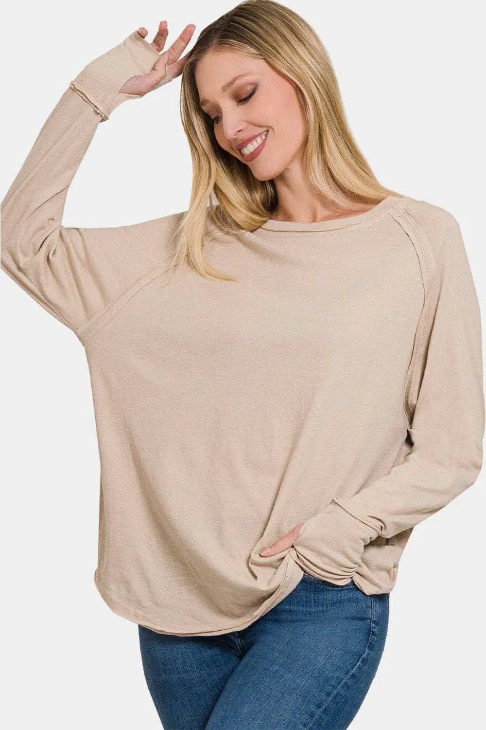 Zenana Round Neck Thumbhole Long Sleeve Top - Trendsi - Flyclothing LLC