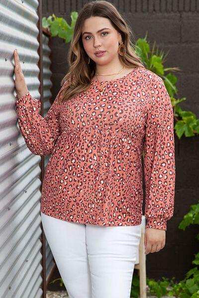 Plus Size Leopard Long Sleeve T-Shirt - Trendsi - Flyclothing LLC