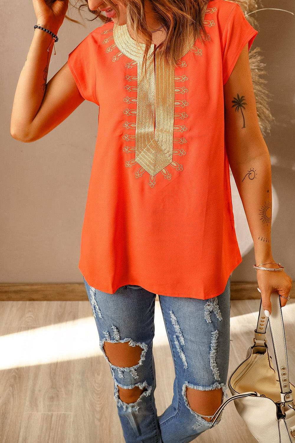 Embroidered Short Sleeve Blouse - Trendsi - Flyclothing LLC