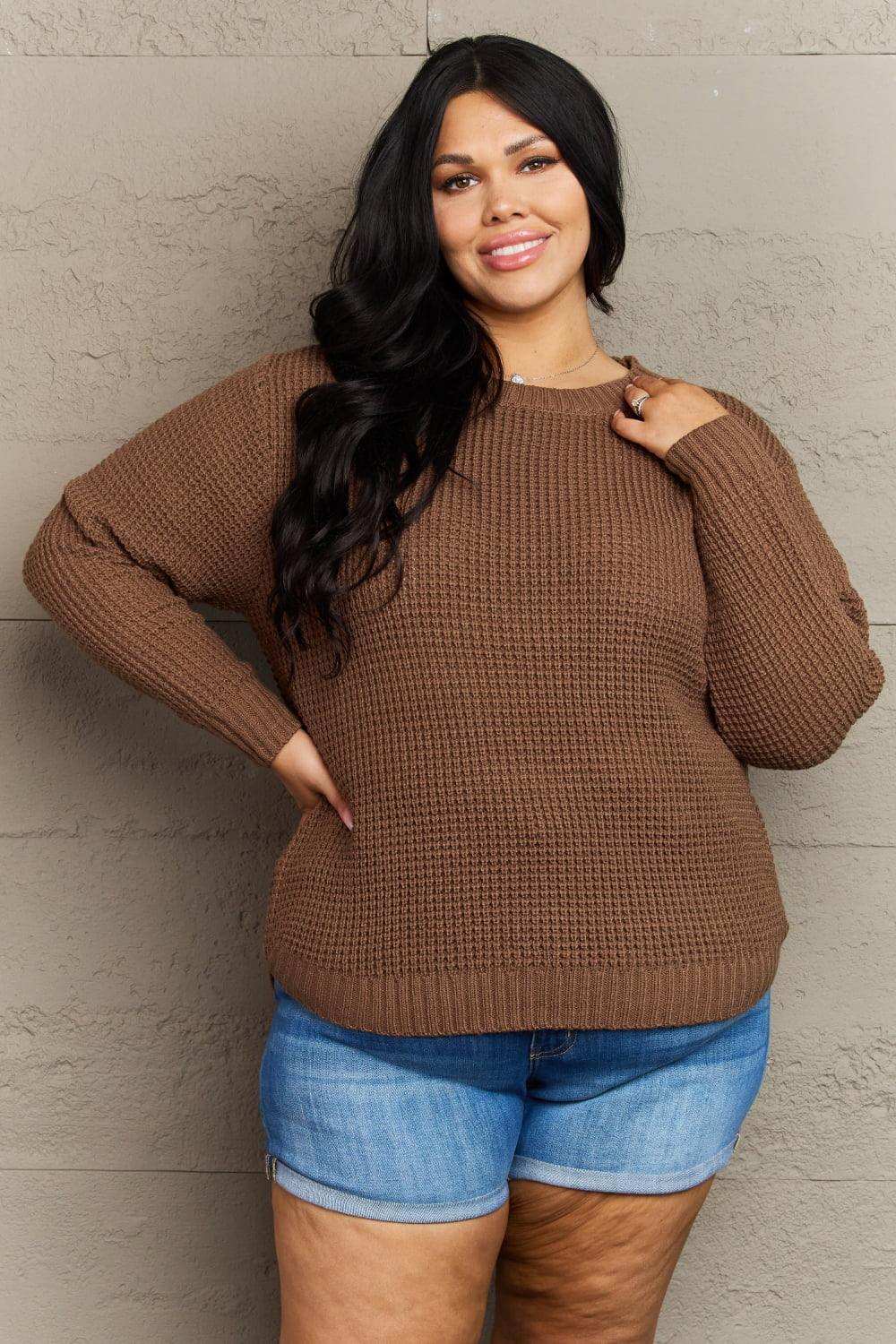 Zenana Breezy Days Plus Size High Low Waffle Knit Sweater - Trendsi - Flyclothing LLC