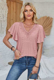 Eyelet Applique V-Neck Cap Sleeve T-Shirt - Trendsi - Flyclothing LLC