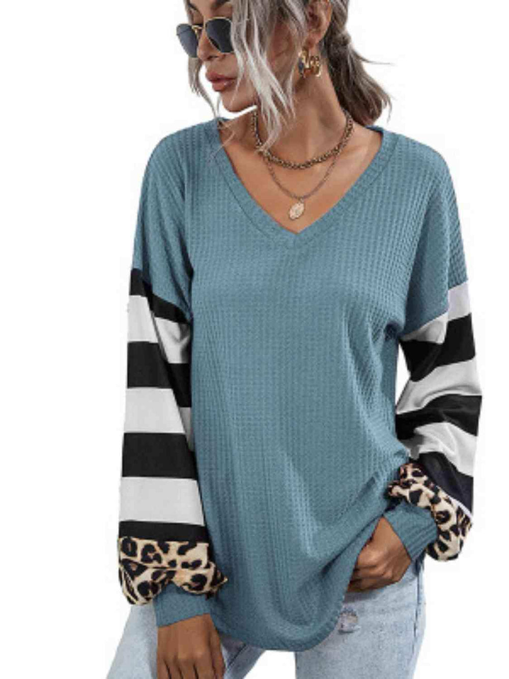 Leopard Striped Waffle-Knit Top - Trendsi - Flyclothing LLC