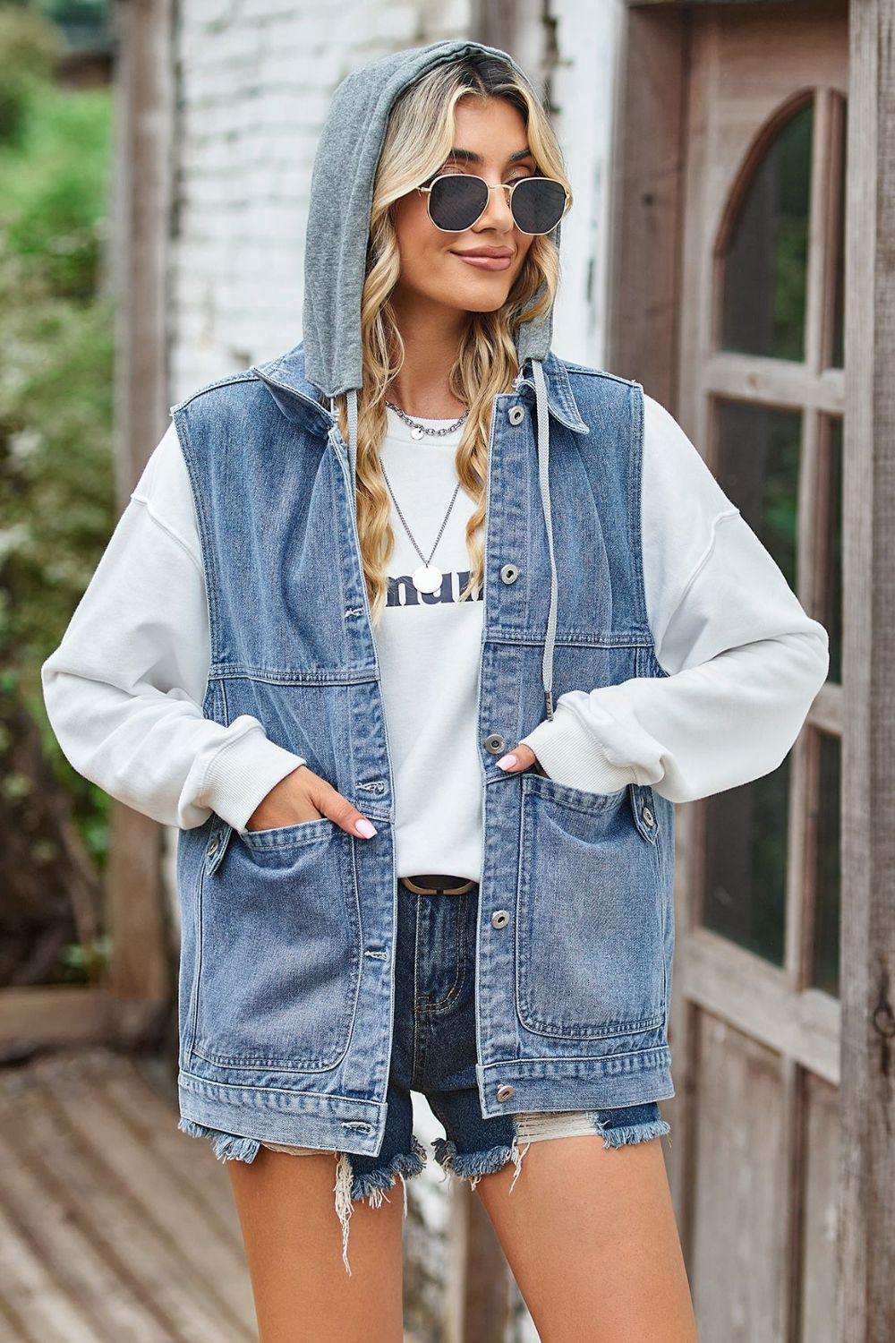 Sleeveless Denim Top with A Detachable Hood - Trendsi - Flyclothing LLC