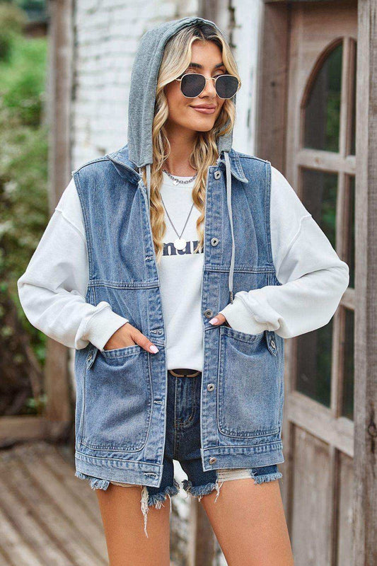 Sleeveless Denim Top with A Detachable Hood - Trendsi - Flyclothing LLC