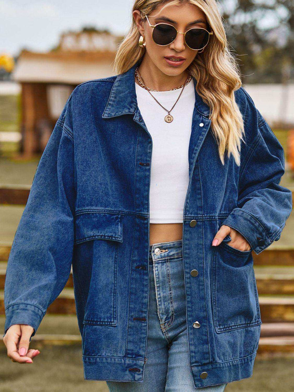 Dropped Shoulder Denim Jacket with Pockets - Trendsi - Flyclothing LLC