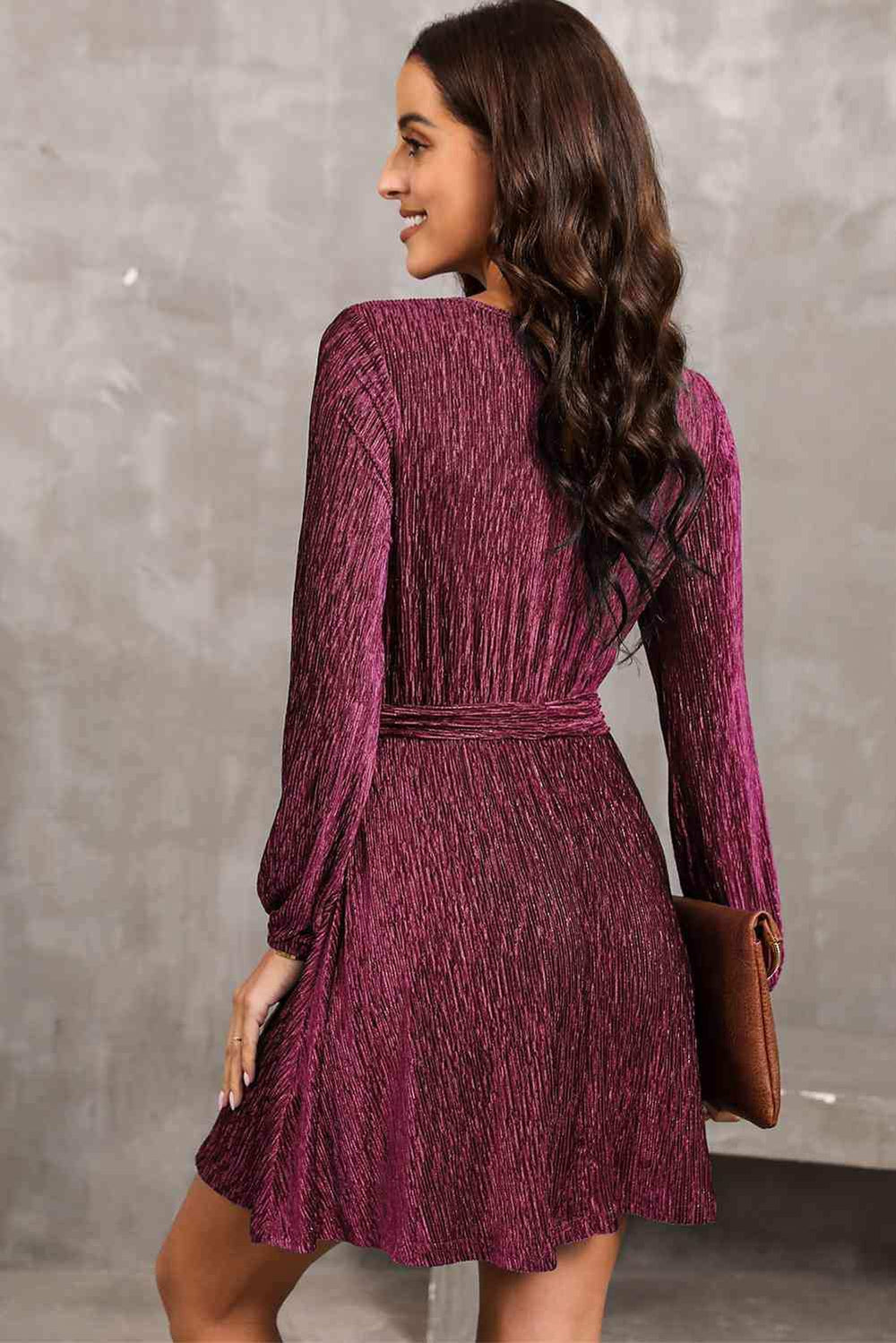 Round Neck Tie Front Long Sleeve Dress - Trendsi - Flyclothing LLC