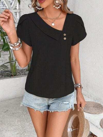 Decorative Button Asymmetrical Neck Blouse - Trendsi - Flyclothing LLC
