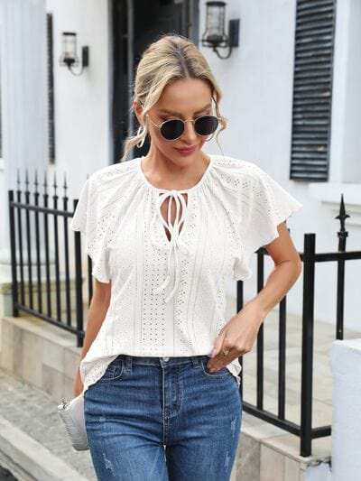 Eyelet Tie Neck Flutter Sleeve Blouse - Trendsi - Flyclothing LLC