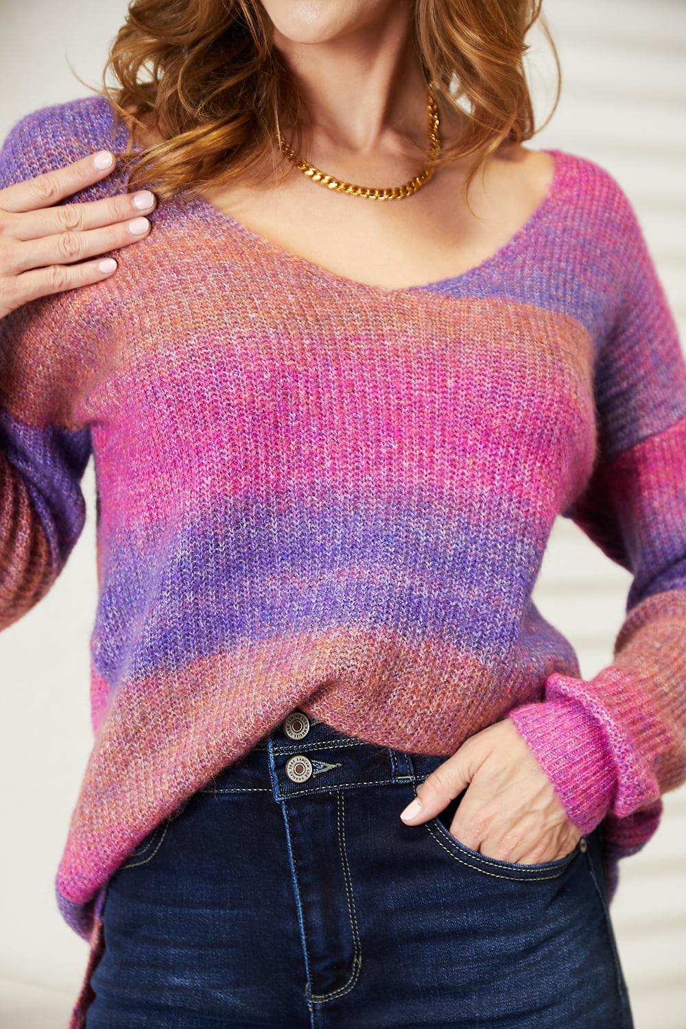Double Take Multicolored Rib-Knit V-Neck Knit Pullover - Trendsi - Flyclothing LLC