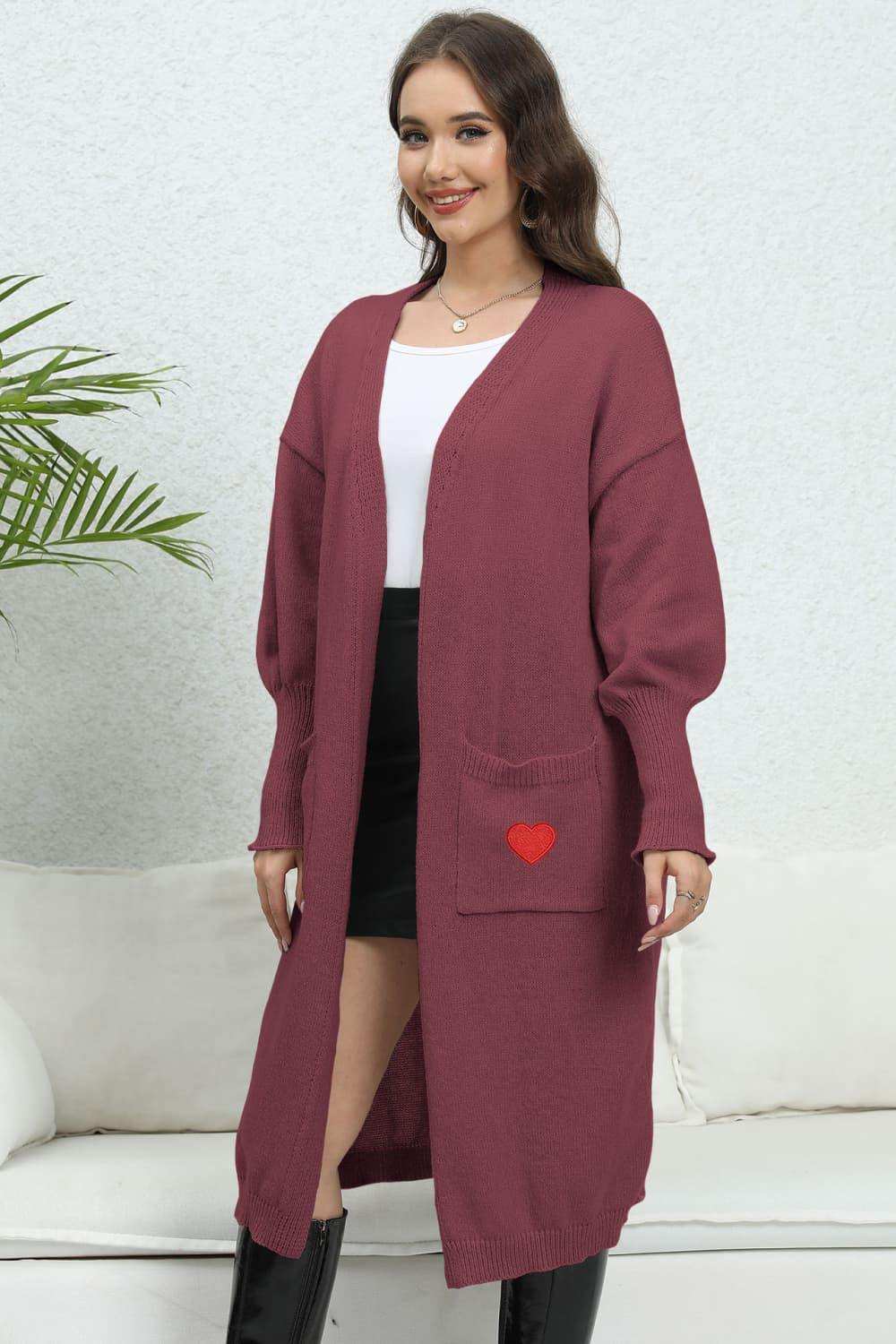 Lantern Sleeve Open Front Pocketed Cardigan - Trendsi - Flyclothing LLC
