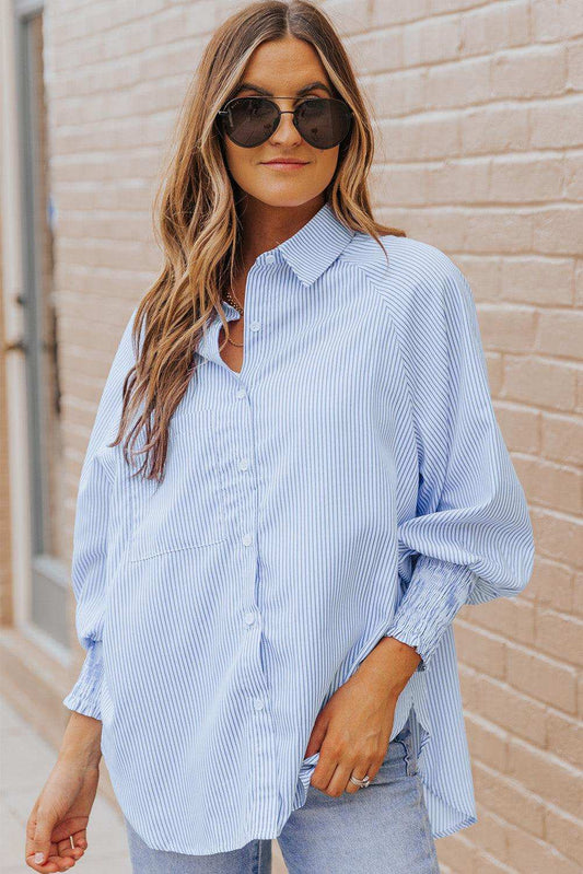 Striped Lantern Sleeve Collared Shirt - Trendsi - Flyclothing LLC