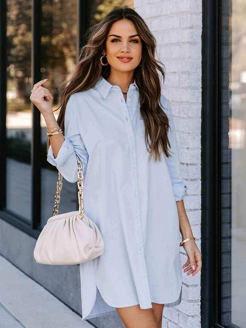 Button Up Collared Neck Long Sleeve Shirt Dress - Trendsi - Flyclothing LLC