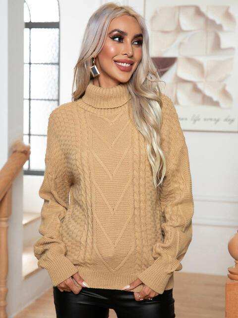 Turtleneck Cable-Knit Long Sleeve Sweater - Trendsi - Flyclothing LLC