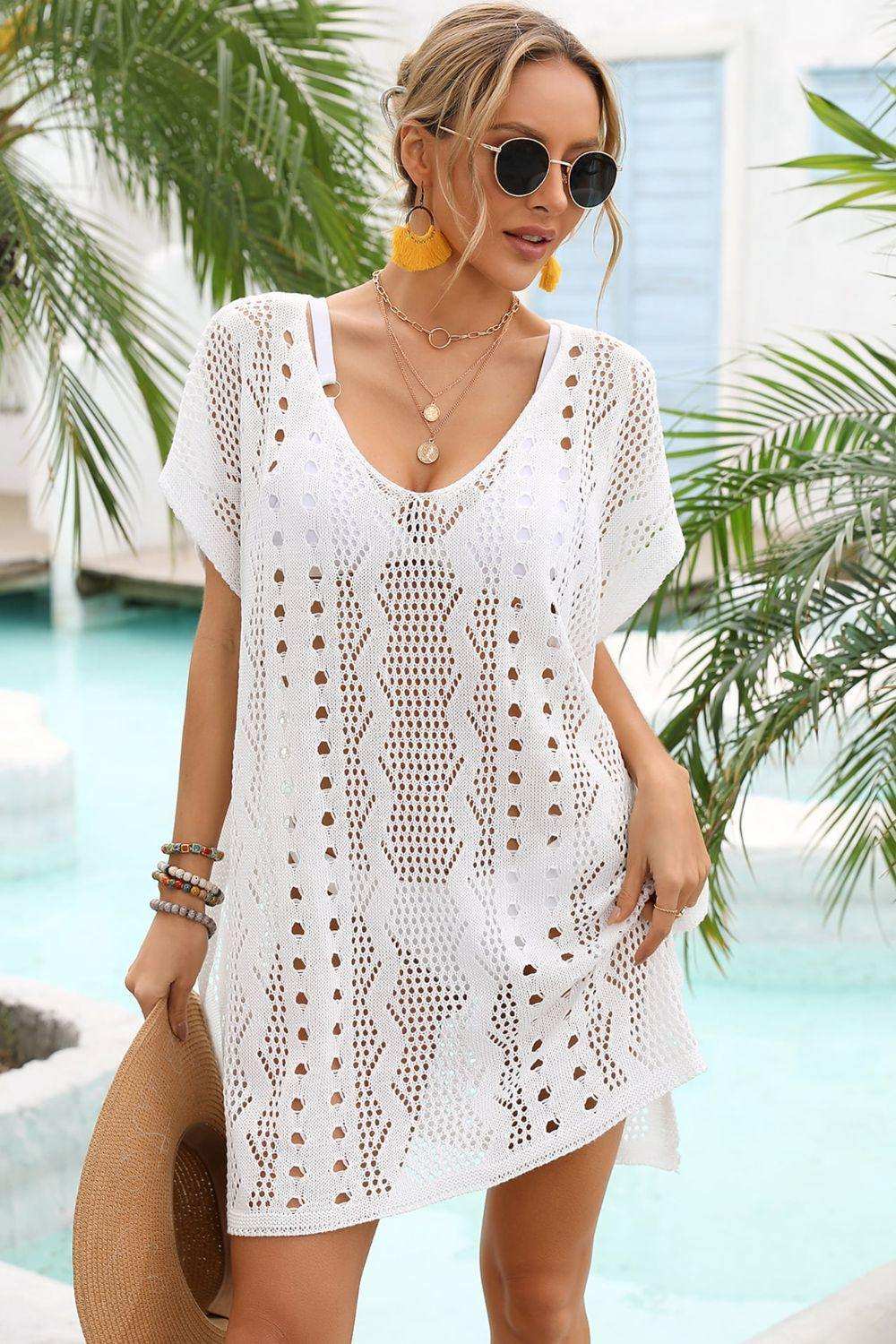 Openwork Plunge Dolman Sleeve Cover-Up Dress - Trendsi - Flyclothing LLC