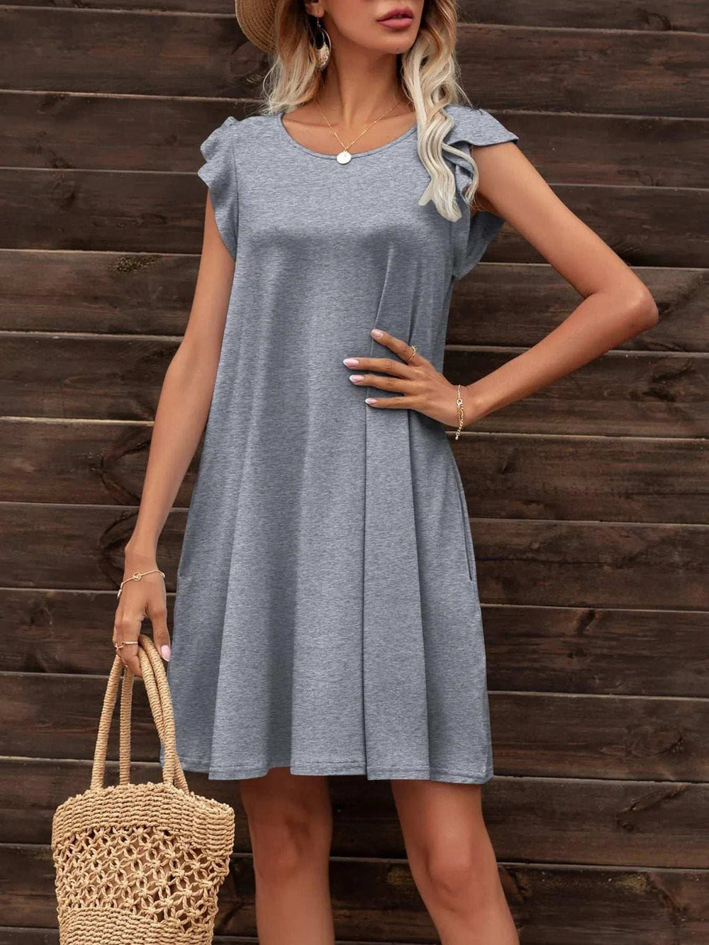 Round Neck Flutter Sleeve Dress with Pockets - Trendsi - Flyclothing LLC