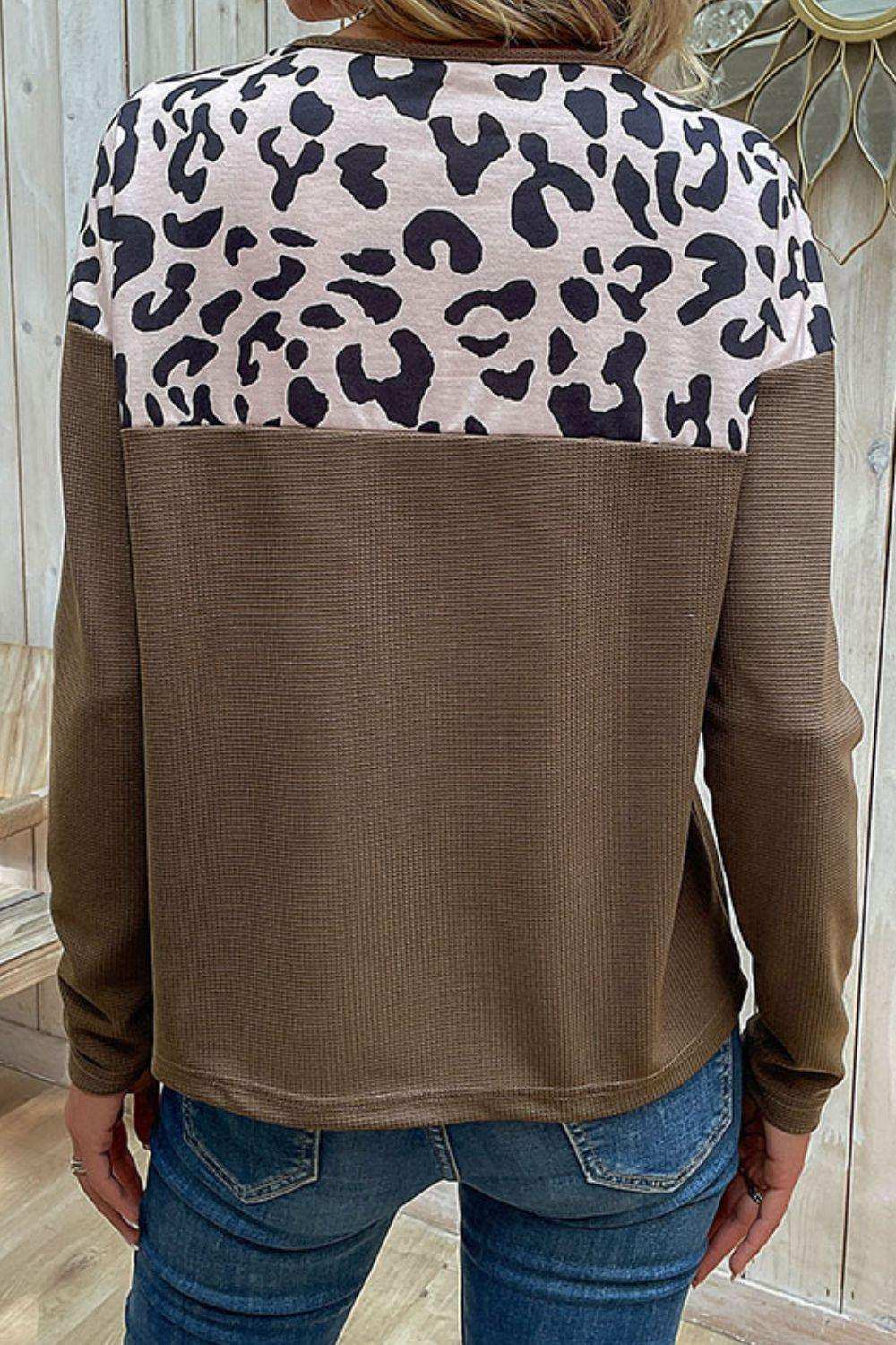 Leopard Buttoned Round Neck Drop Shoulder Top - Trendsi - Flyclothing LLC