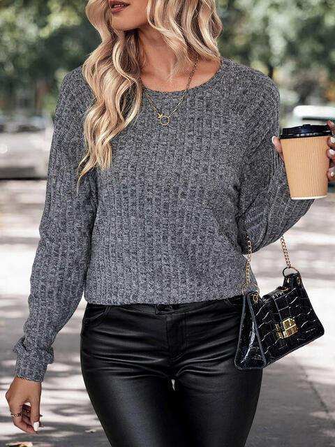 Round Neck Long Sleeve Knit Top - Trendsi - Flyclothing LLC